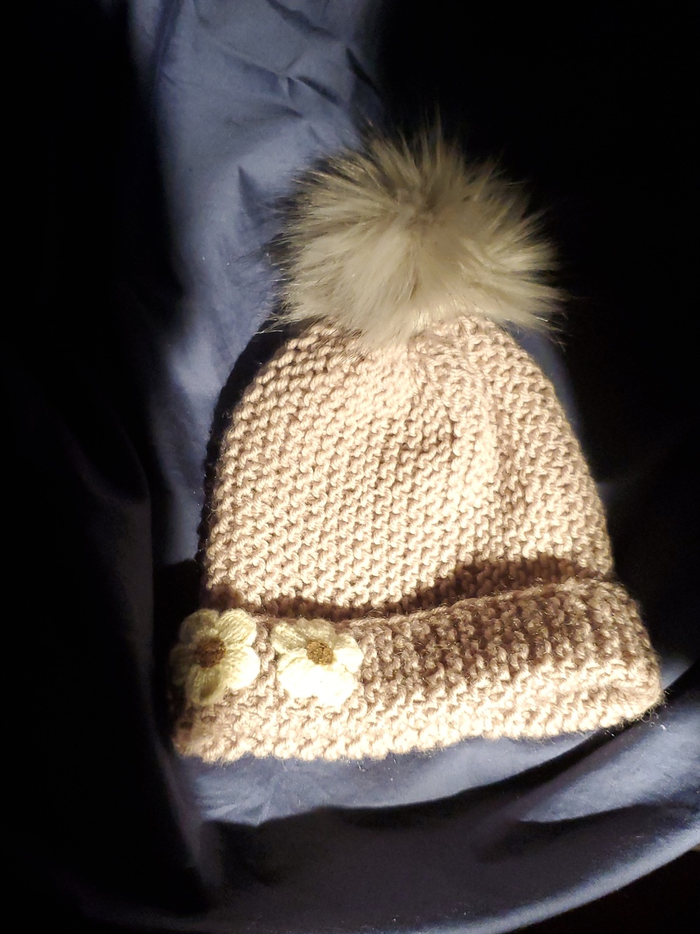 Kids Brown Knit Beanie with Yellow Flower Appliqués